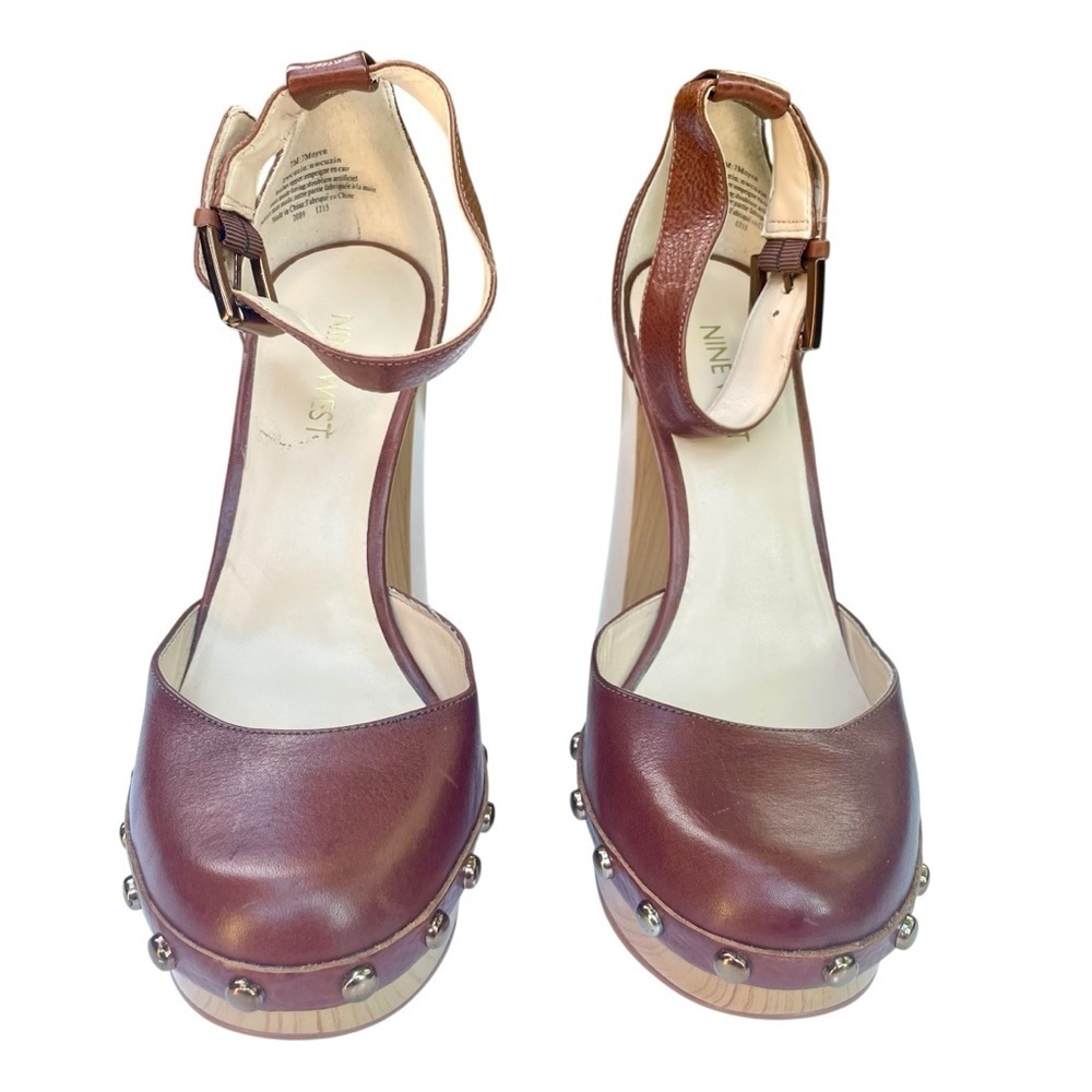 Nine West Brown Studded Leather Platforms 7M Boho Chic 70s Hippie Gipsy Vibes - Picture 3 of 16